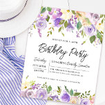 Budget Purple Floral 40e Invitation anniversaire<br><div class="desc">Faites honneur à une femme spéciale avec cette invitation de fête d'anniversaire élégante et féminine. Les détails de la fête d'anniversaire sont entourés de bordures florales pourpres du haut et du bas. Les éléments floraux sont nichés dans des feuilles verts. Bien qu'il s'agisse d'un design traditionnel, le feuillage botanique ouvert...</div>