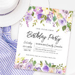 Budget Purple Floral 60e anniversaire Invitation<br><div class="desc">Faites honneur à une femme spéciale avec cette invitation de fête d'anniversaire élégante et féminine. Les détails de la fête d'anniversaire sont entourés de bordures florales pourpres du haut et du bas. Les éléments floraux sont nichés dans des feuilles verts. Bien qu'il s'agisse d'un design traditionnel, le feuillage botanique ouvert...</div>