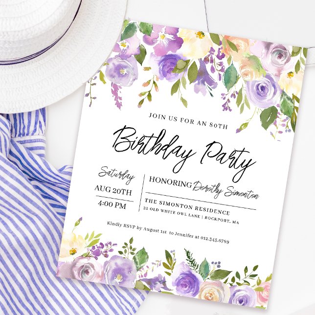 Budget Purple Floral 80e anniversaire Invitation (Matching welcome signs and party decor are available. Message me for help finding them!)