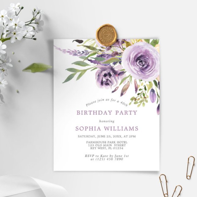 Budget Purple Floral Anniversaire Fête Invitation (Créateur téléchargé)