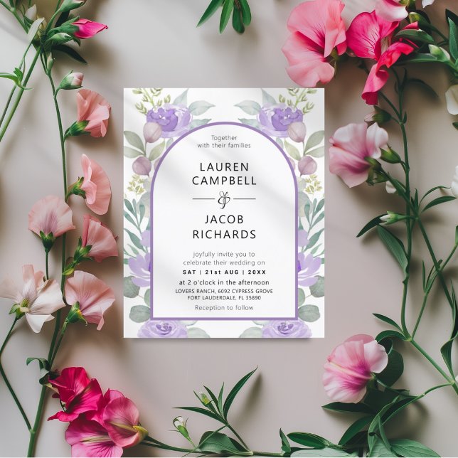 Budget Purple Floral Arche Faire-part de mariage (Créateur téléchargé)