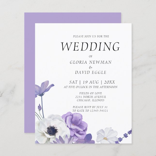 Budget Purple Floral Faire-part de mariage (Devant / Derrière)