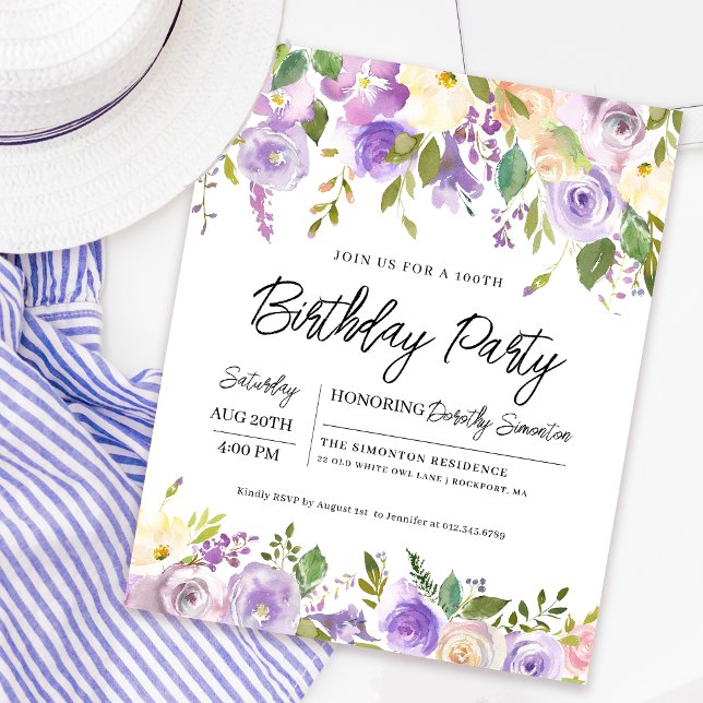 Budget Purple Floral Invitation 100e anniversaire (Coordinating welcome signs and party supplies available. Message me for help finding them!)