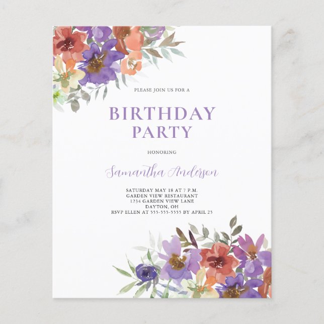 Budget Purple Floral Invitation Anniversaire (Devant)