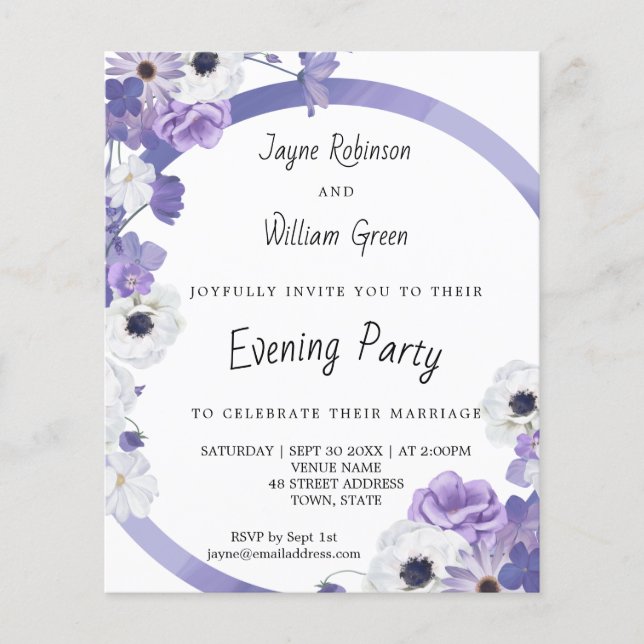 Budget Purple Floral Mariage Invitation de soirée (Devant)