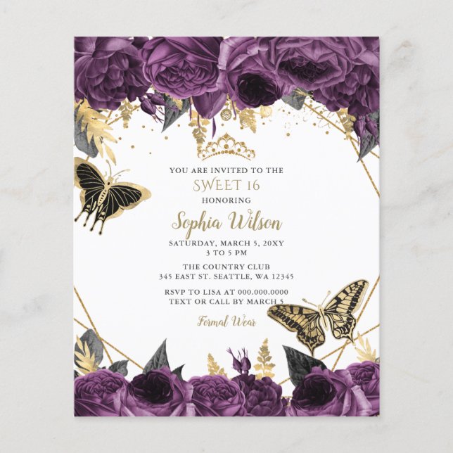 Budget Purple Floral Papillon doux 16 Invitation (Devant)
