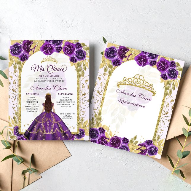 Budget Purple Floral Princess Gold Quinceanera (Créateur téléchargé)