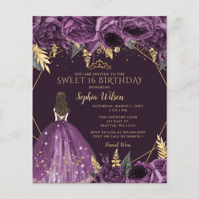Budget Purple Floral Princess Sweet 16 Invitation (Devant)