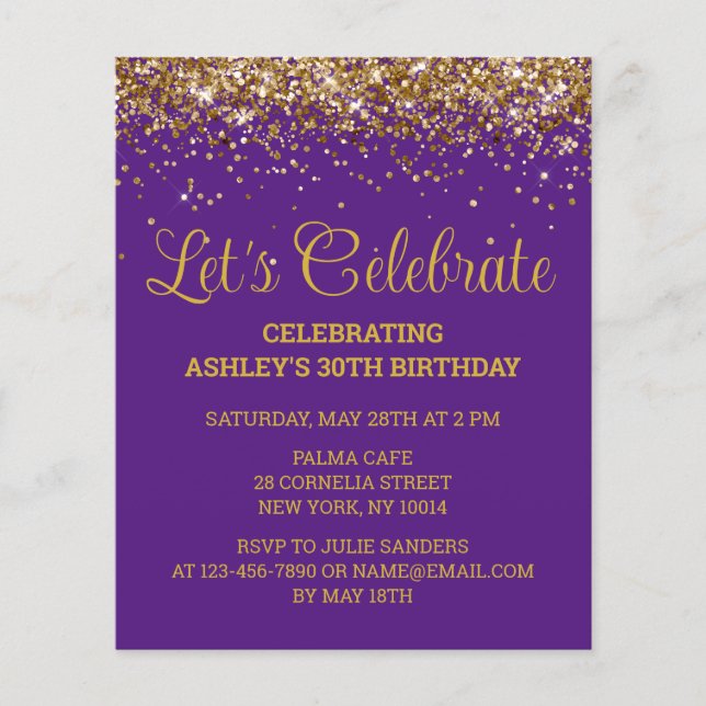 Budget Purple Gold 30th Birthday Party Invitation (Devant)