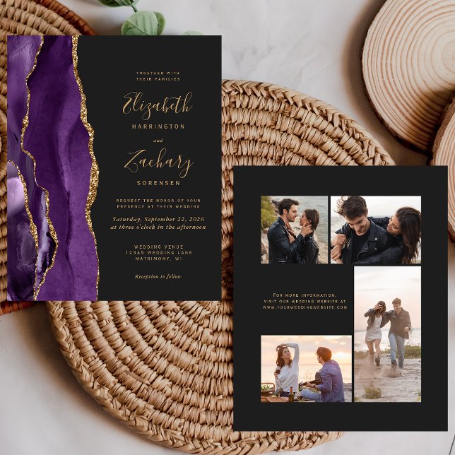 Budget Purple Gold Agate 4-Photo Mariage Invitatio (Créateur téléchargé)