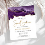 Budget Purple Gold Agate Sweet 16 Invitation<br><div class="desc">Cette invitation branchée à l'anniversaire de Sweet sixteen présente une aquarelle d'une géode d'agate dans les tons violets avec des reflets d'or. Les mots "Sweet sixteen" apparaissent dans la parties scintillant en faux or dans la police décorative moderne d'écriture manuscrite. Customisez-le avec le nom de l'honoré dans le texte couleur...</div>