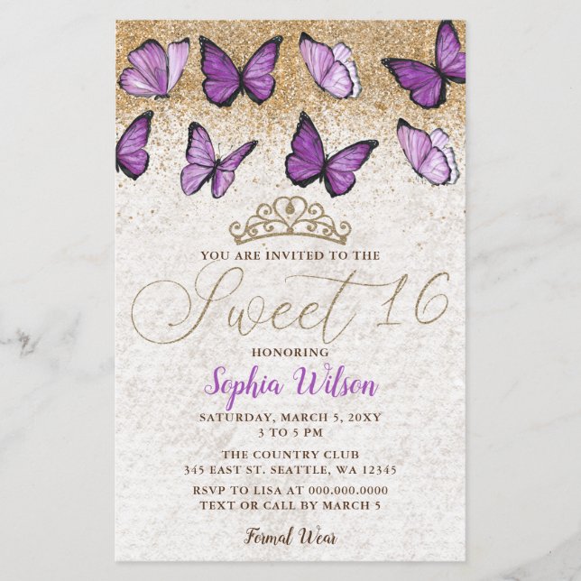 Budget Purple Gold Butterfly Sweet 16 Invitation (Devant)