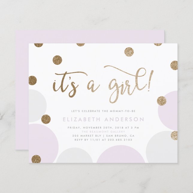 Budget Purple & Gold Confetti Baby shower fille (Devant / Derrière)
