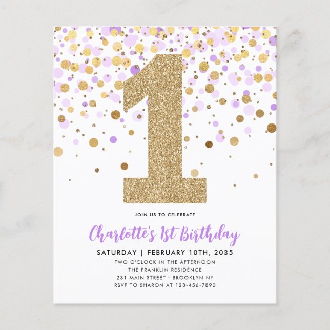 Budget Purple Gold Confetti Fille 1er anniversaire (Devant)