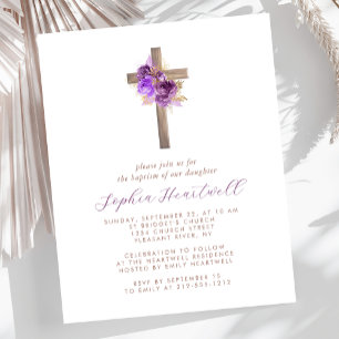Budget Purple Gold Floral Cross Baptism Invitation