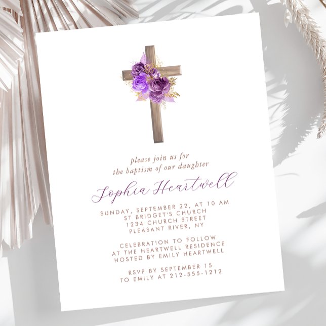 Budget Purple Gold Floral Cross Baptism Invitation (Créateur téléchargé)