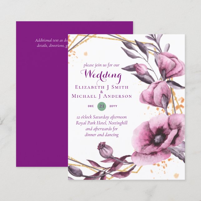 BUDGET Purple Gold Floral Mariages Invitations (Devant / Derrière)
