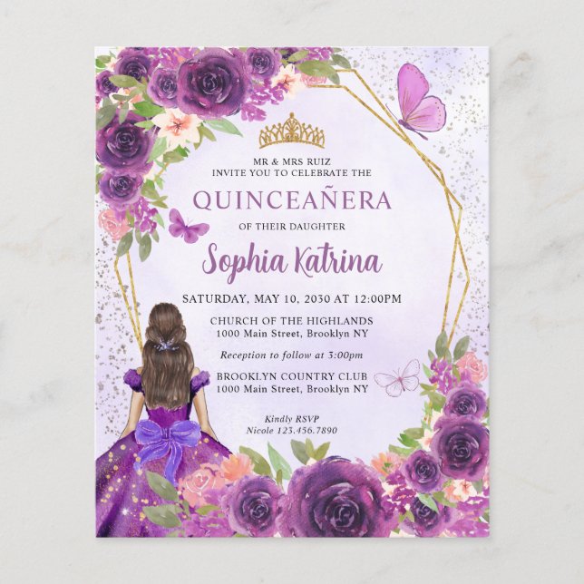 Budget Purple Gold Floral Princess Quinceañera (Devant)