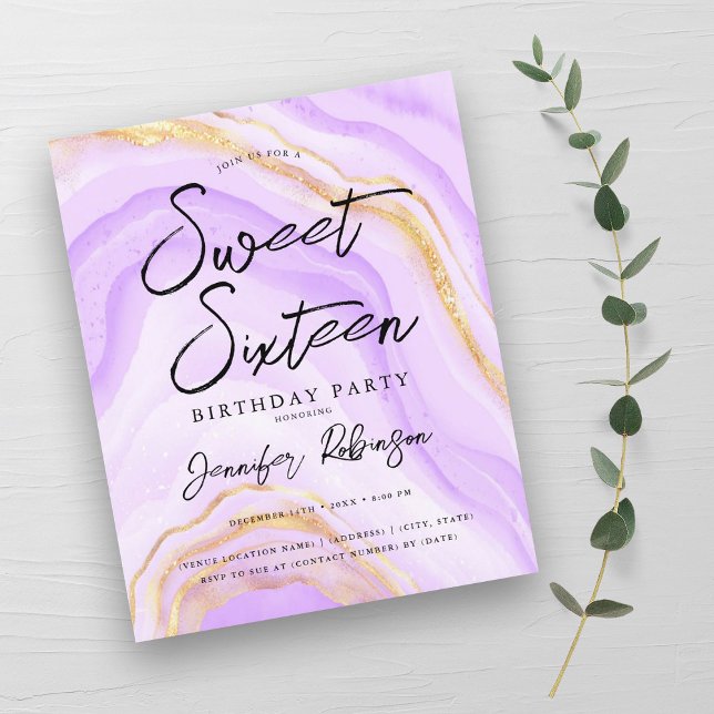 Budget Purple Gold Parties scintillant Marbre Swee (Budget Purple Gold Glitter Marble Sweet 16 Invite )