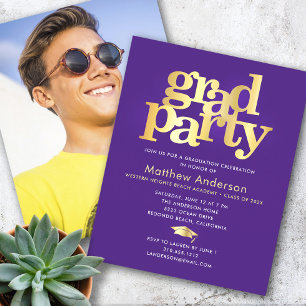 Budget Purple Gold Photo Grad Party Minimal Invita