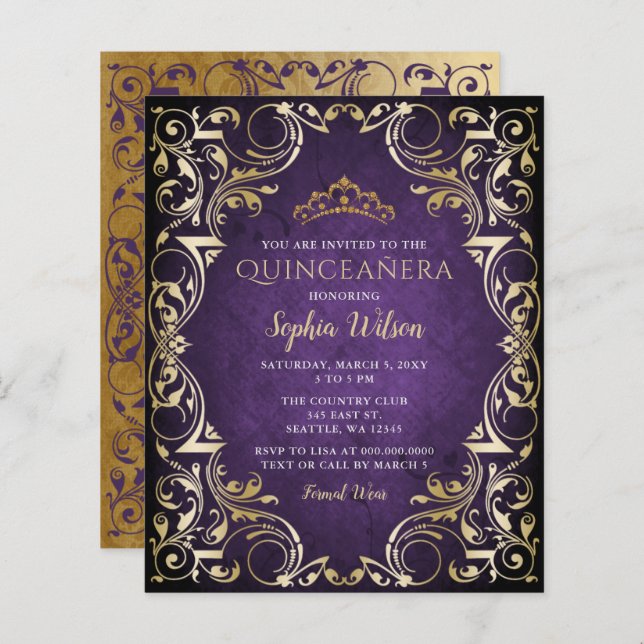Budget Purple Gold Tiara Quinceañera Invitation (Devant / Derrière)