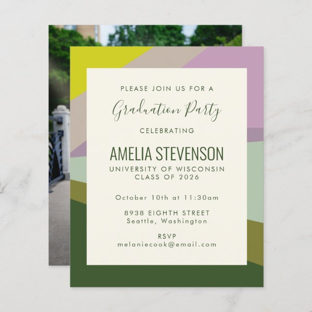 Budget Purple Green Graduation Party Invitation ph (Devant / Derrière)
