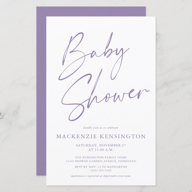 Budget Purple Lavender Baby shower de script simpl (Devant / Derrière)