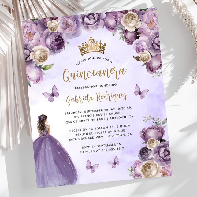 Budget Purple Or ivoire Floral Quinceañera Invitat (Créateur téléchargé)