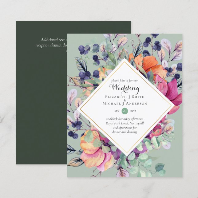 BUDGET Purple Orange Floral Invitations de mariage (Devant / Derrière)