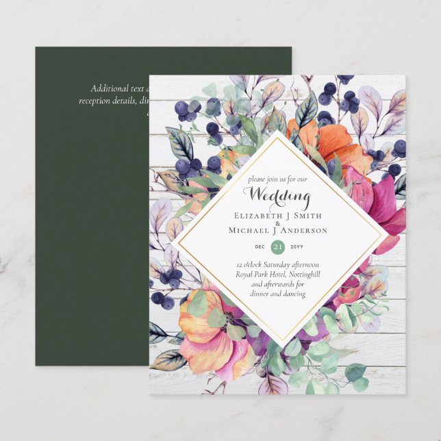 BUDGET Purple Orange Floral Invitations de mariage (Devant / Derrière)