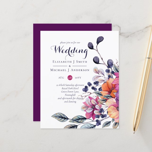 BUDGET Purple Orange Floral Mariage Inviter (Devant/Arrière en situation)