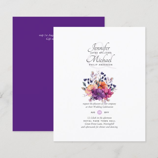 BUDGET Purple Orange Floral Mariage Inviter (Devant / Derrière)
