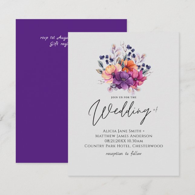 BUDGET Purple Orange Floral Mariage Inviter (Devant / Derrière)
