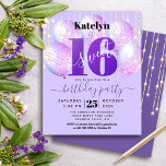Budget Purple Parties scintillant Sweet 16 Ballons<br><div class="desc">"Bonne Douce 16". Faites-nous parvenir cette invitation à une soirée budget unique, simple, festive, moderne et personnalisée pour un événement à retenir. La typographie noire et la typographie grotesque, graphique et manuscrite recouvrent des ballons violets et des lampes à cordes brillantes d'or sur un arrière - plan mauve et doux....</div>