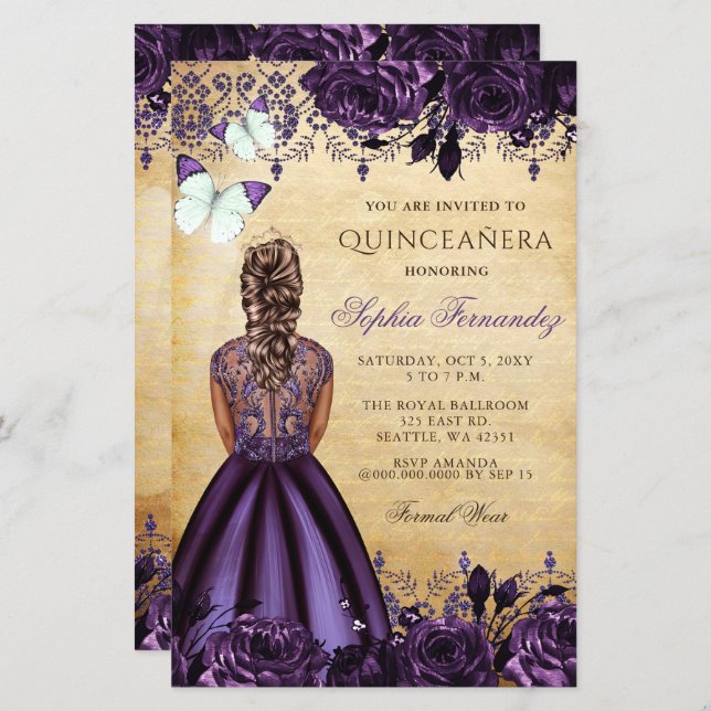 Budget Purple Princesse Quinceañera Invitation (Devant / Derrière)