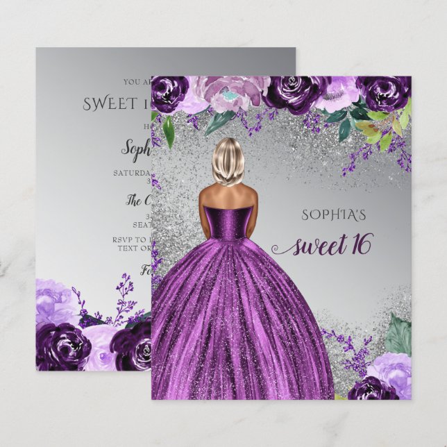 Budget Purple Robe Étincelle Douce 16 Invitation (Devant / Derrière)