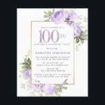 Budget Purple Rose 100e anniversaire Surprise Part<br><div class="desc">Faites honneur à une femme spéciale avec cette invitation élégante et féminine 100e anniversaire. Le 100ème est écrit en gros texte violet. Anniversaire Surprise Party suit. Le nom de l'invité honoré est également en lettres majuscules violettes. Le reste du texte est doucement gris colombe. Les détails de la célébration du...</div>