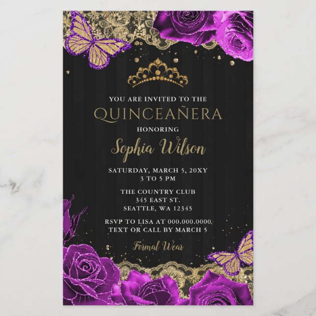 Budget Purple Rose Black Quinceañera Invitation (Devant)