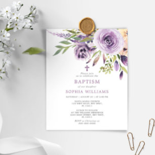 Budget Purple Rose Floral Baptême Invitation