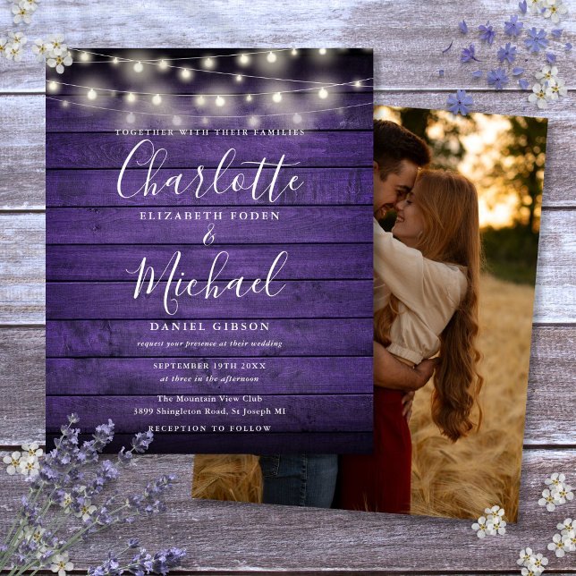 Budget Purple Rustic Lights Photo Mariage Invitati (Budget Purple Rustic Lights Photo Wedding Invite)