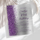 Budget Purple Silver Glam 21e anniversaire Invitat<br><div class="desc">Le bord gauche de cette invitation de fête d'anniversaire moderne est orné d'une bordure en faux parties scintillant violet. Le texte personnalisable combine un script violet et des polices sans serif sur un arrière - plan en métal brossé en argent. L'envers présente un design correspondant.</div>