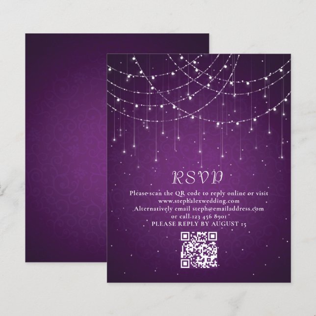 Budget Purple String Lights QR Code Wedding RSVP (Devant / Derrière)