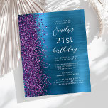 Budget Purple Turquoise Glam 21e anniversaire Invi<br><div class="desc">Le bord gauche de cette invitation de fête d'anniversaire moderne est orné d'une bordure en faux parties scintillant violet. Le texte personnalisable combine un script blanc et des polices sans serif sur un arrière - plan turquoise en métal brossé bleu. L'envers présente un design correspondant.</div>