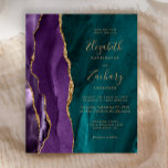 Budget Purple Turquoise Gold Agate Faire-part de m<br><div class="desc">Cette élégante faire-part de mariage moderne présente une aquarelle violette et turquoise décorée d'une parties scintillant en faux or. Le texte personnalisable combine écriture manuscrite dorée,  cuivre et polices italiques. L'envers présente un design coordonné d'agate violet et or.</div>