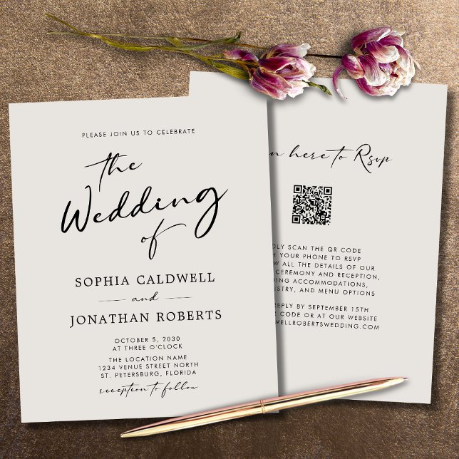 Budget QR Code Calligraphy Eggshell Mariage Invita (Wedding Invitation Budget QR Code RSVP Modern Calligraphy Eggshell)