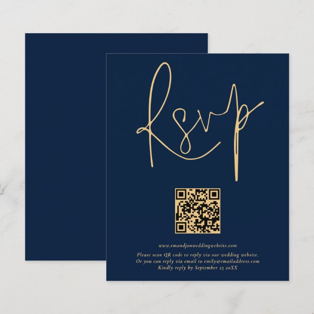 Budget QR Code Gold Marine Bleu Script Mariage RSV (Devant / Derrière)