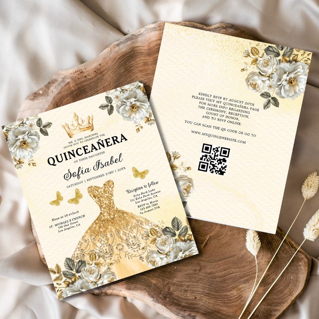 Budget QR Code Quinceanera Floral Gold Princess (Créateur téléchargé)
