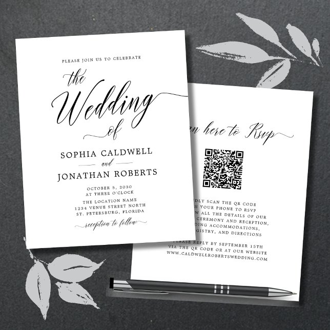 Budget QR Code RSVP Calligraphie (Budget Double Sided Wedding Invitation Elegant Calligraphy QR Code RSVP)