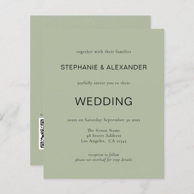 Budget QR Code Sage Green Wedding Invitation (Devant / Derrière)