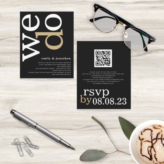 BUDGET QR Code White Gold Black Wedding Invite (Créateur téléchargé)